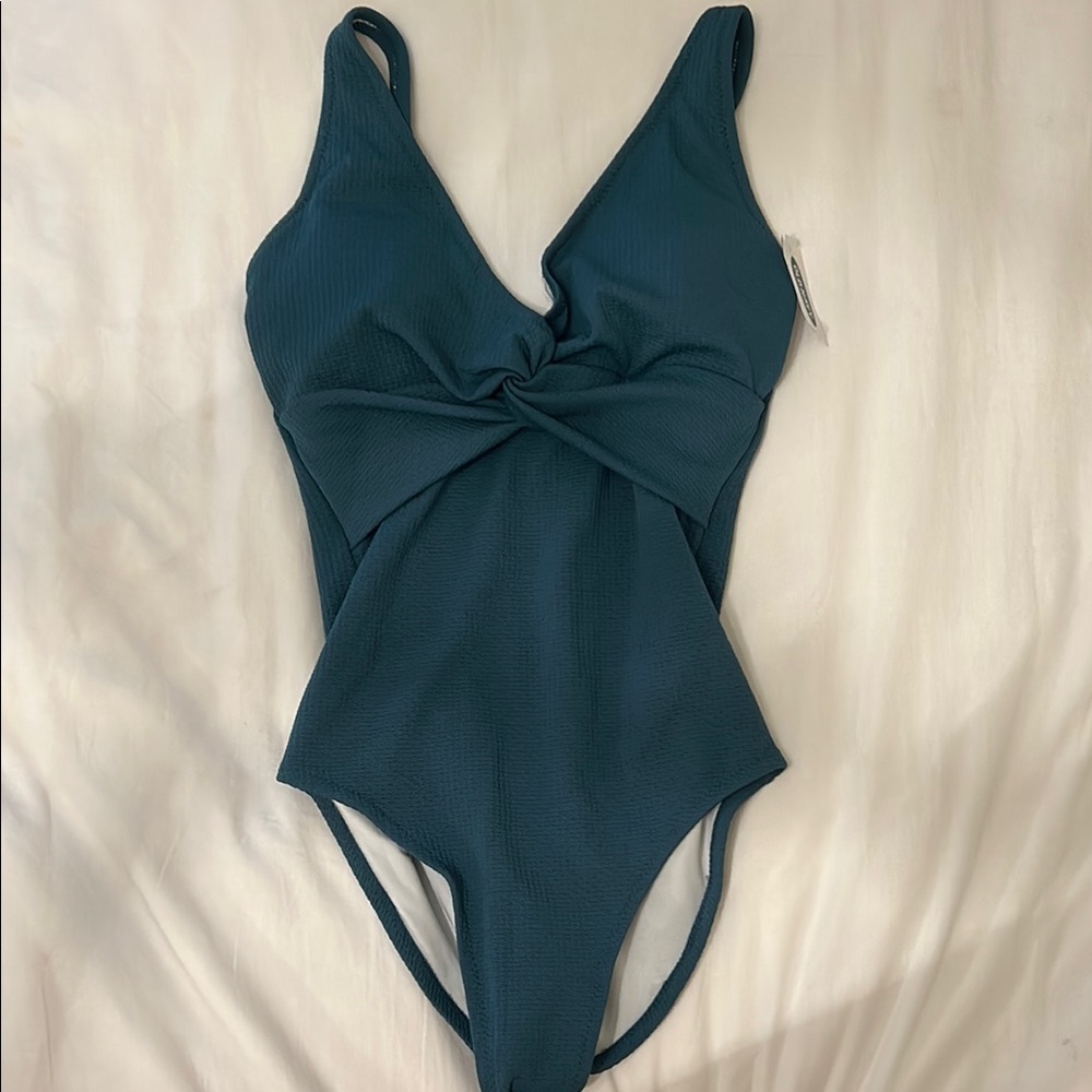 Old Navy Teal One Piece Swimsuit with V-Neck and Knotted Detail